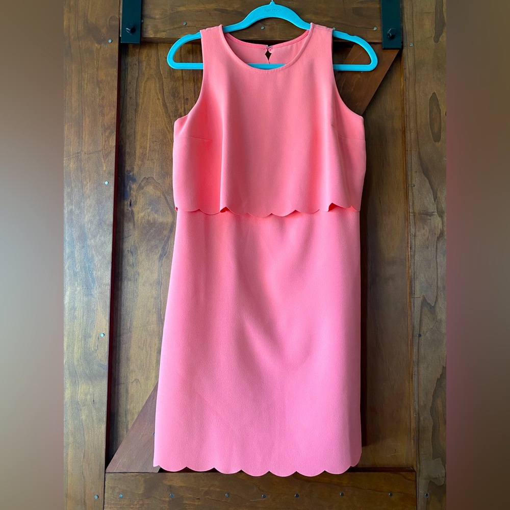 Ann Taylor Loft Coral Pink Sleeveless Dress Scalloped Zip Up Mid Tier Layered